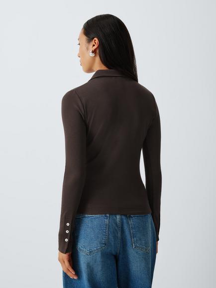 AND/OR Long Sleeve Cotton Knit Polo Shirt - view 2, Chocolate