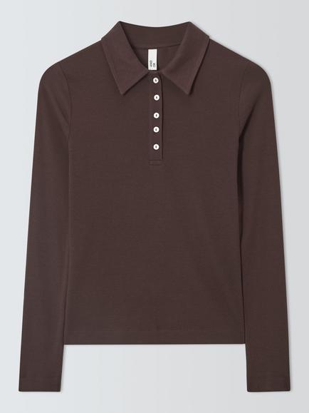 AND/OR Long Sleeve Cotton Knit Polo Shirt, Chocolate, Chocolate