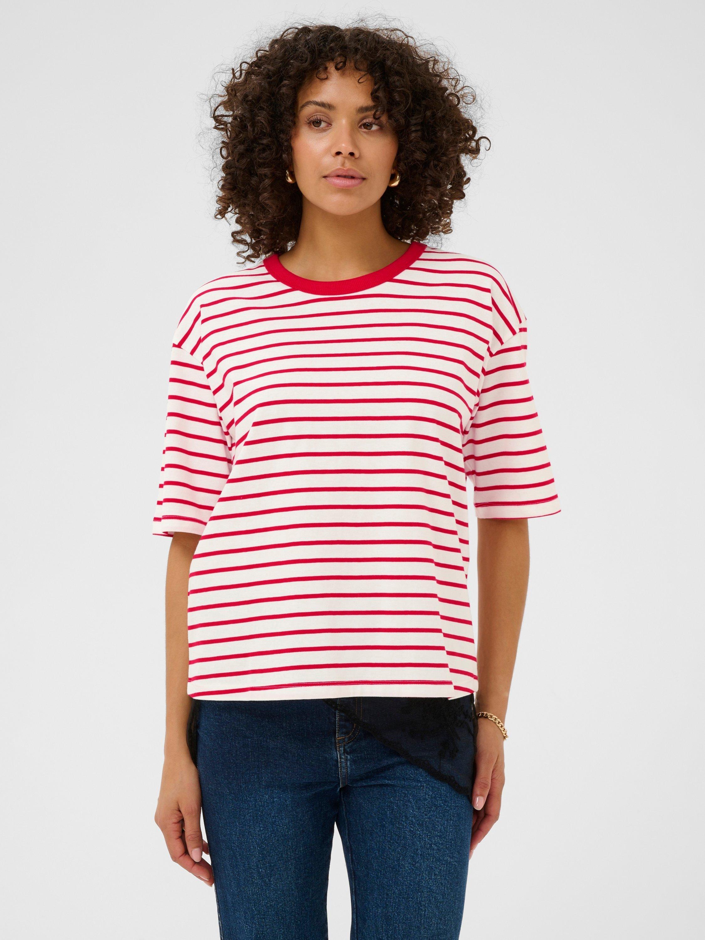 Product image 1 of 6, which shows KAFFE Winny Stripe Boxy T-Shirt, Chalk White/Red, XS