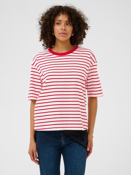 KAFFE Winny Stripe Boxy T-Shirt, Chalk White/Red, Chalk White/Red