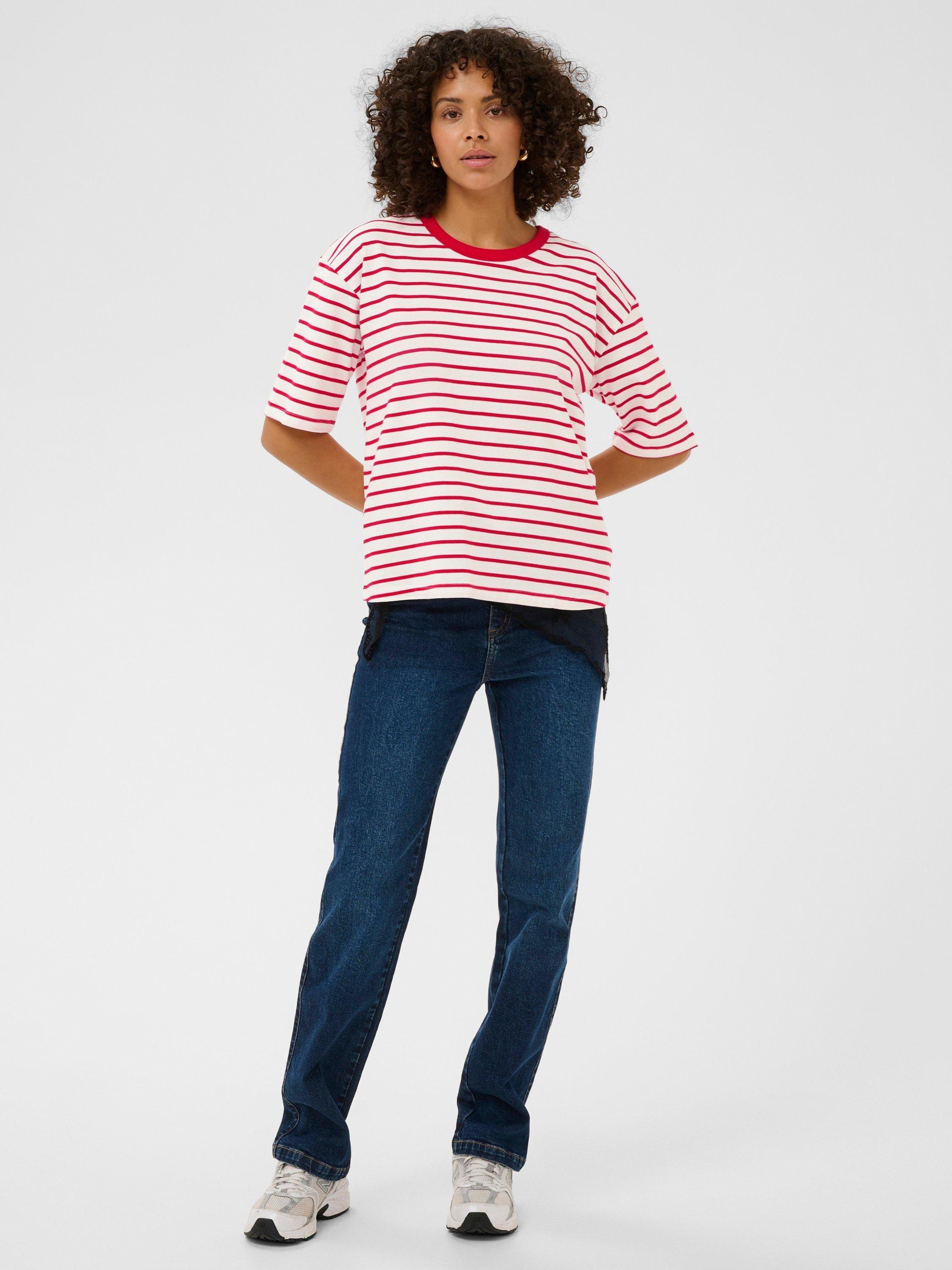 Product image 3 of 6, which shows KAFFE Winny Stripe Boxy T-Shirt, Chalk White/Red, XS