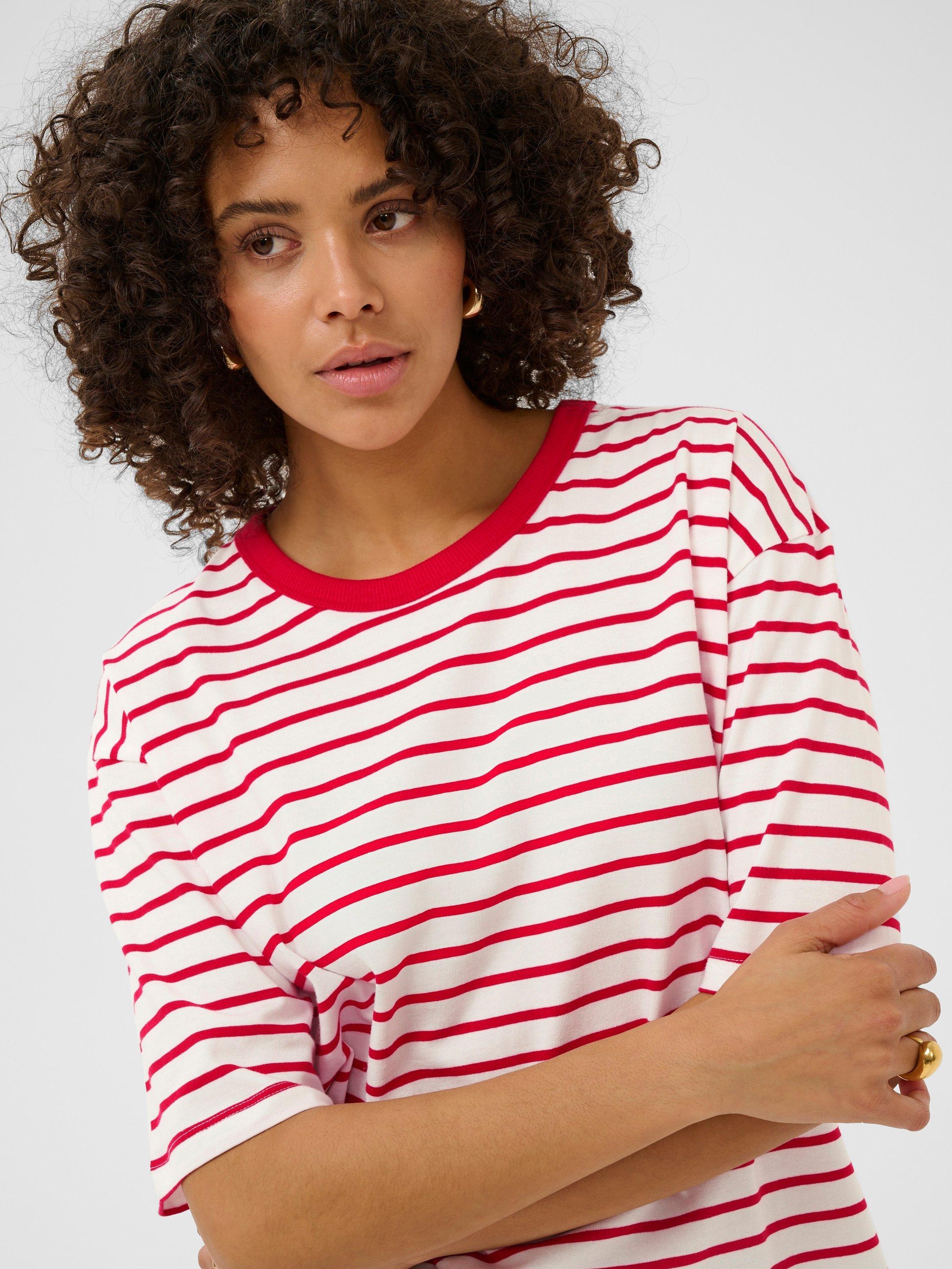 Product image 4 of 6, which shows KAFFE Winny Stripe Boxy T-Shirt, Chalk White/Red, XS