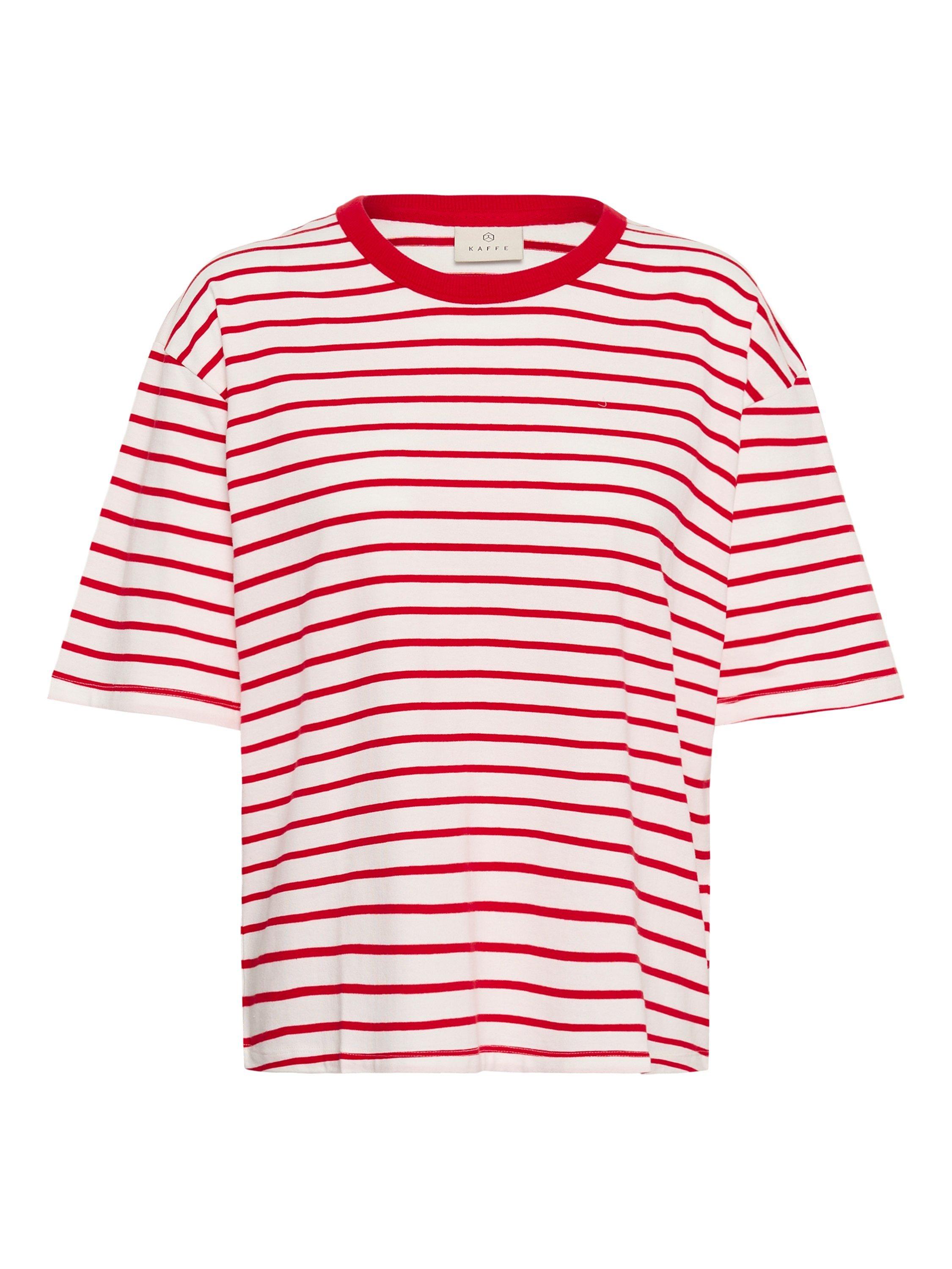 Product image 5 of 6, which shows KAFFE Winny Stripe Boxy T-Shirt, Chalk White/Red, XS