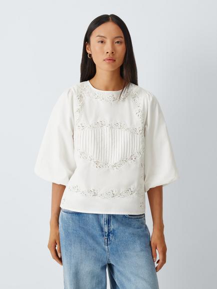 AND/OR Short Sleeve Embroidered Cotton Blouse, Ivory, Ivory