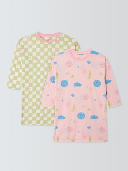 John Lewis Kids' Weather & Check Glow in the Dark Nightdress, Pack of 2, Multi, Multi