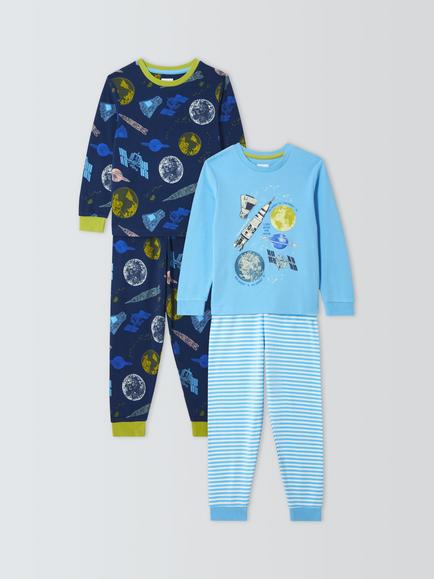 John Lewis Kids' Space Glow in the Dark Pyjamas, Pack of 2, Blue, Blue