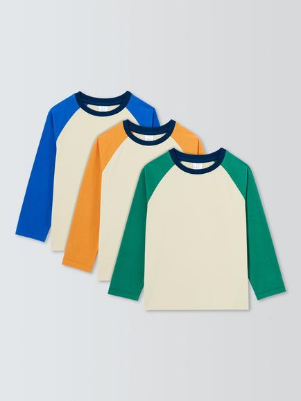 John Lewis Kids' Contrast Raglan Long Sleeve T-Shirt, Pack of 3, Multi, Multi