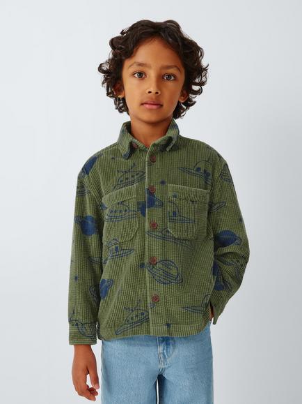 John Lewis Kids' Space Print Corduroy Shirt, Olive, Olive