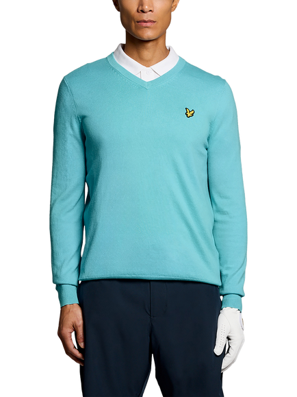 Lyle & Scott Golf Cotton Blend V-Neck Jumper, Aquamarine Blue, Aquamarine Blue