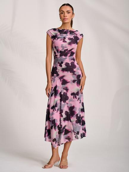 Jolie Moi Abstract Drape Mesh Midaxi Dress, Pink, Pink