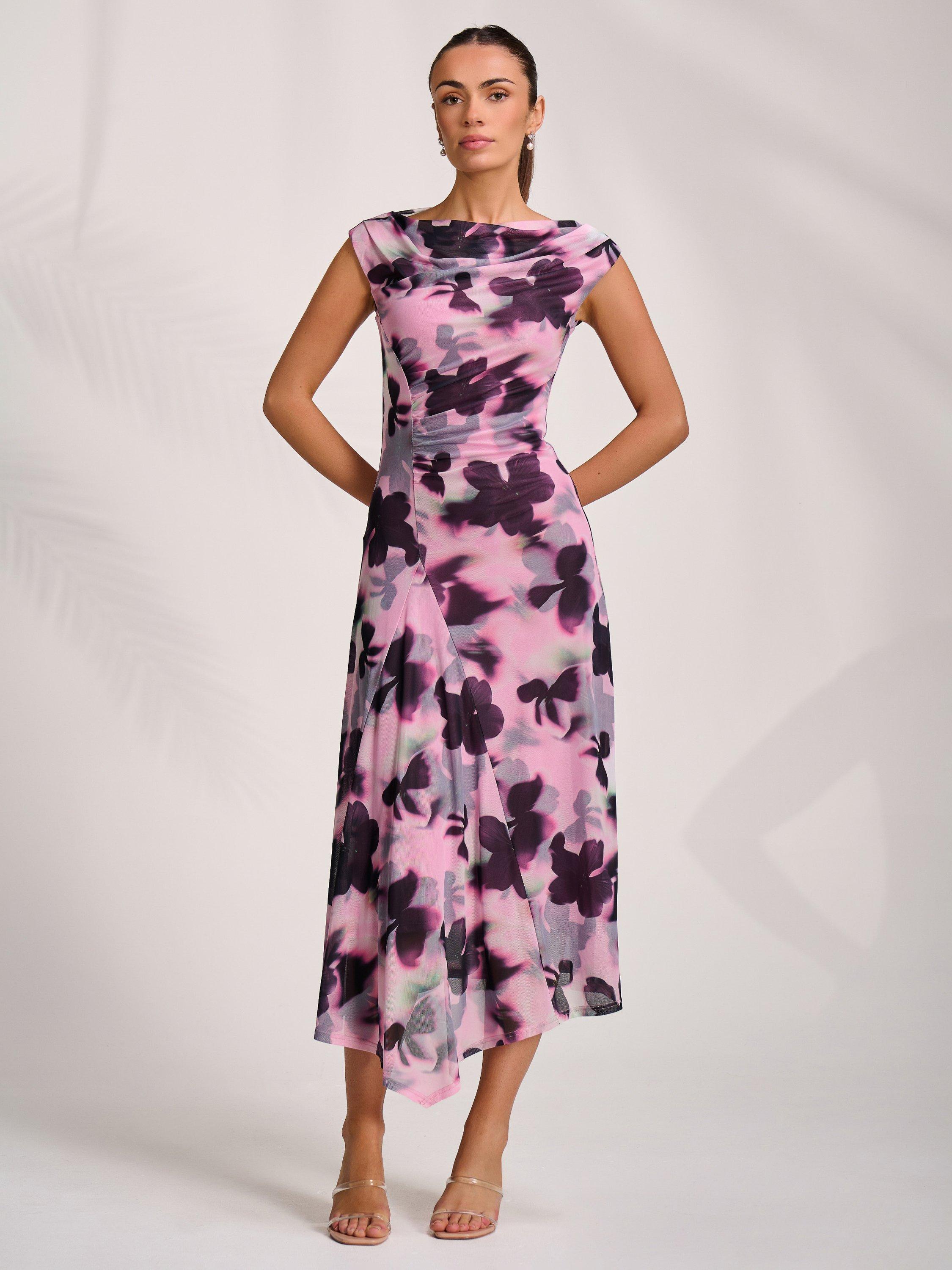 Product image 5 of 7, which shows Jolie Moi Abstract Drape Mesh Midaxi Dress, Pink, 8