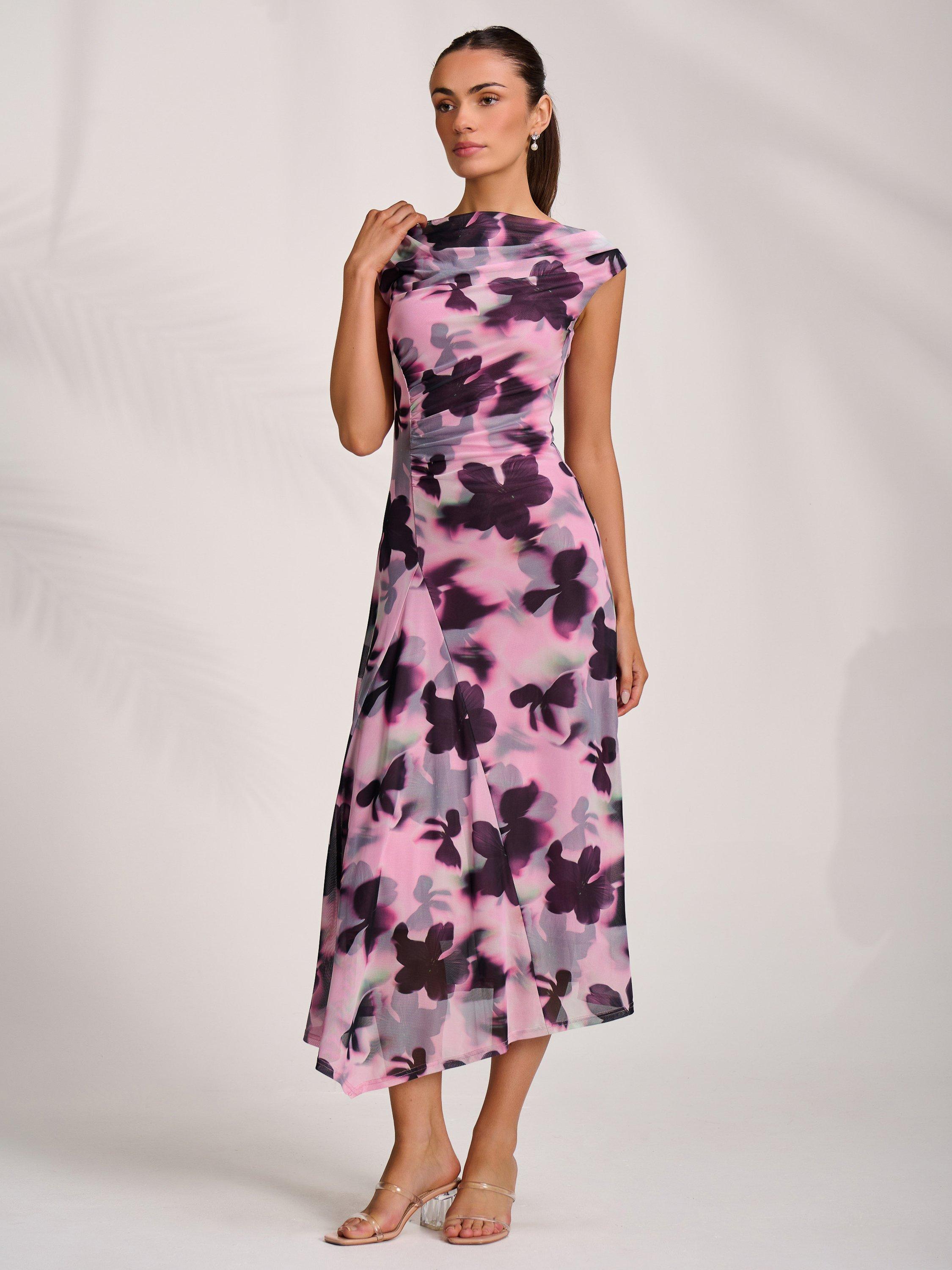 Product image 7 of 7, which shows Jolie Moi Abstract Drape Mesh Midaxi Dress, Pink, 8