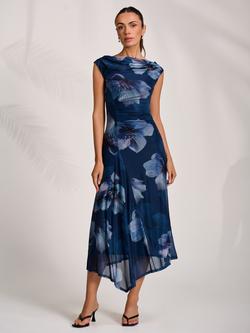 Jolie Moi Floral Draped Mesh Midaxi Dress, Navy, Navy