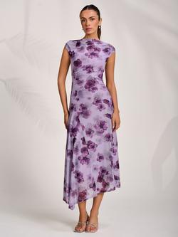 Jolie Moi Floral Draped Mesh Midaxi Dress, Purple, Purple