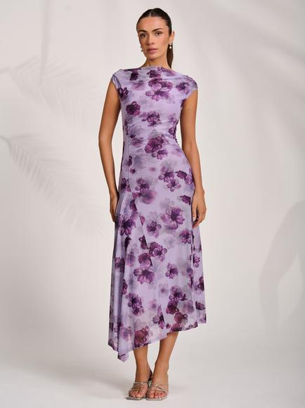 Jolie Moi Floral Draped Mesh Midaxi Dress, Purple, Purple