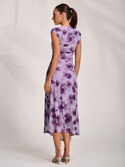 Jolie Moi Floral Draped Mesh Midaxi Dress, Purple - view 2, Purple