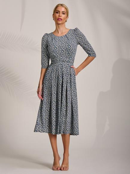 Jolie Moi Floral Ruched Waist Jersey Midi Dress, Navy - view 2, Navy