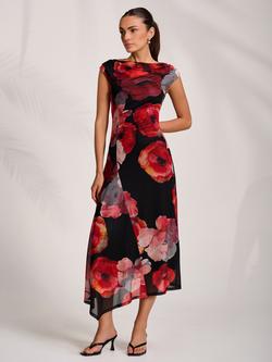 Jolie Moi Floral Draped Mesh Midaxi Dress, Red, Red