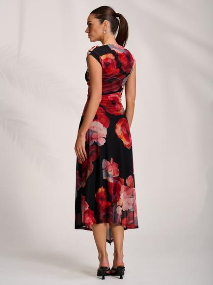 Jolie Moi Floral Draped Mesh Midaxi Dress, Red - view 2, Red