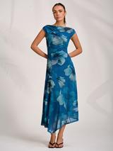 Jolie Moi Floral Draped Mesh Midaxi Dress, Teal
