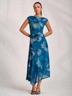 Jolie Moi Floral Draped Mesh Midaxi Dress, Teal, Teal