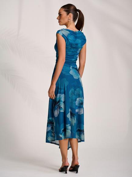 Jolie Moi Floral Draped Mesh Midaxi Dress, Teal - view 2, Teal