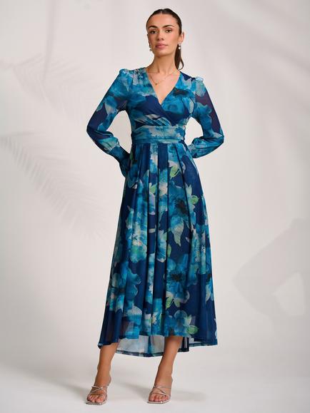 Jolie Moi Floral V-Neck Mesh Maxi Dress, Blue, Blue