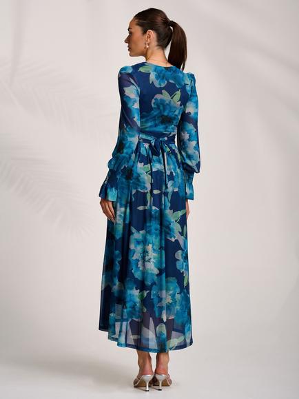 Jolie Moi Floral V-Neck Mesh Maxi Dress, Blue - view 2, Blue