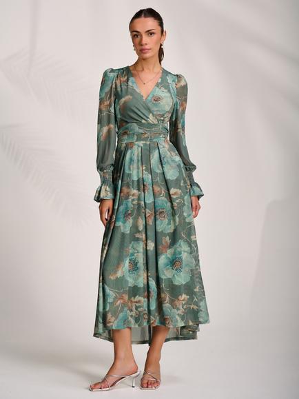 Jolie Moi Floral V-Neck Mesh Maxi Dress, Green, Green