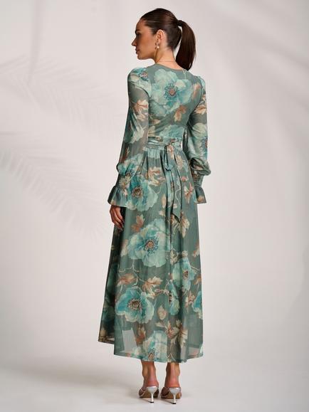 Jolie Moi Floral V-Neck Mesh Maxi Dress, Green - view 2, Green