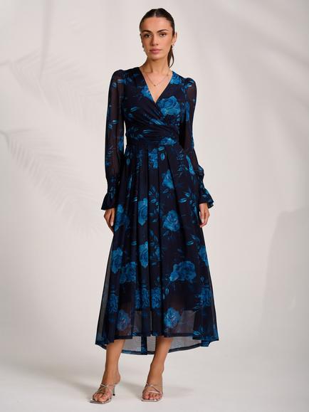 Jolie Moi Floral V-Neck Mesh Maxi Dress, Navy, Navy