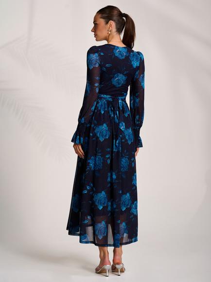 Jolie Moi Floral V-Neck Mesh Maxi Dress, Navy - view 2, Navy