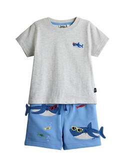 JoJo Maman Bébé Kids' Shark T-Shirt and Appliqué Shorts Set, Light Blue, Light Blue