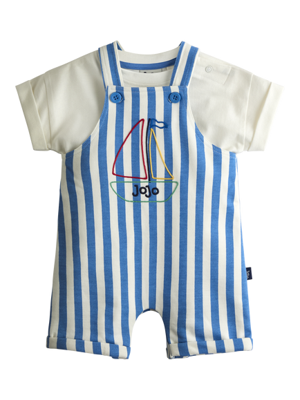 JoJo Maman Bébé Baby Stripe Appliqué Dungarees & T-Shirt Set, Mid Blue, Mid Blue