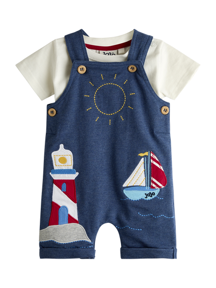 JoJo Maman Bébé Baby Lighthouse and Sailboat Dungaree and T-Shirt Set, Denim Blue, Denim Blue