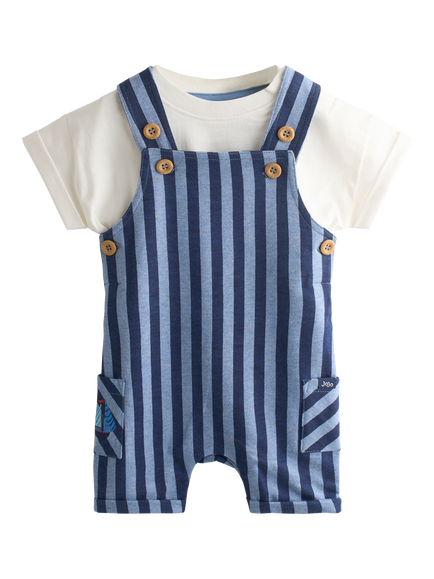 JoJo Maman Bébé Baby Stripe Dungarees & T-Shirt Set, Denim Blue, Denim Blue