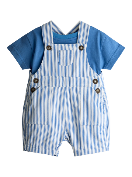 JoJo Maman Bébé Baby Twill Stripe Dungarees and T-Shirt Set, Mid Blue, Mid Blue