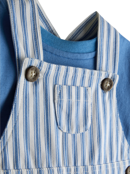 JoJo Maman Bébé Baby Twill Stripe Dungarees and T-Shirt Set, Mid Blue - view 2, Mid Blue
