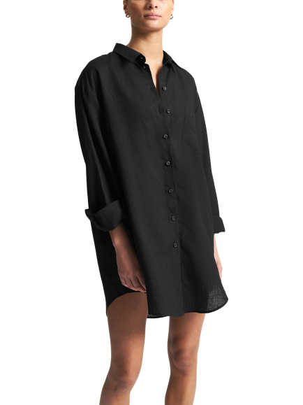 ASCENO The Formentera Pure Linen Shirt, Black, Black