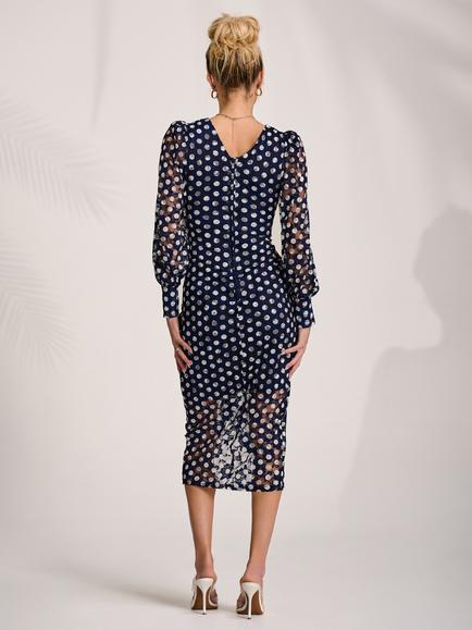 Jolie Moi Polka Dot Lace Ruched Bodycon Dress, Navy - view 2, Navy