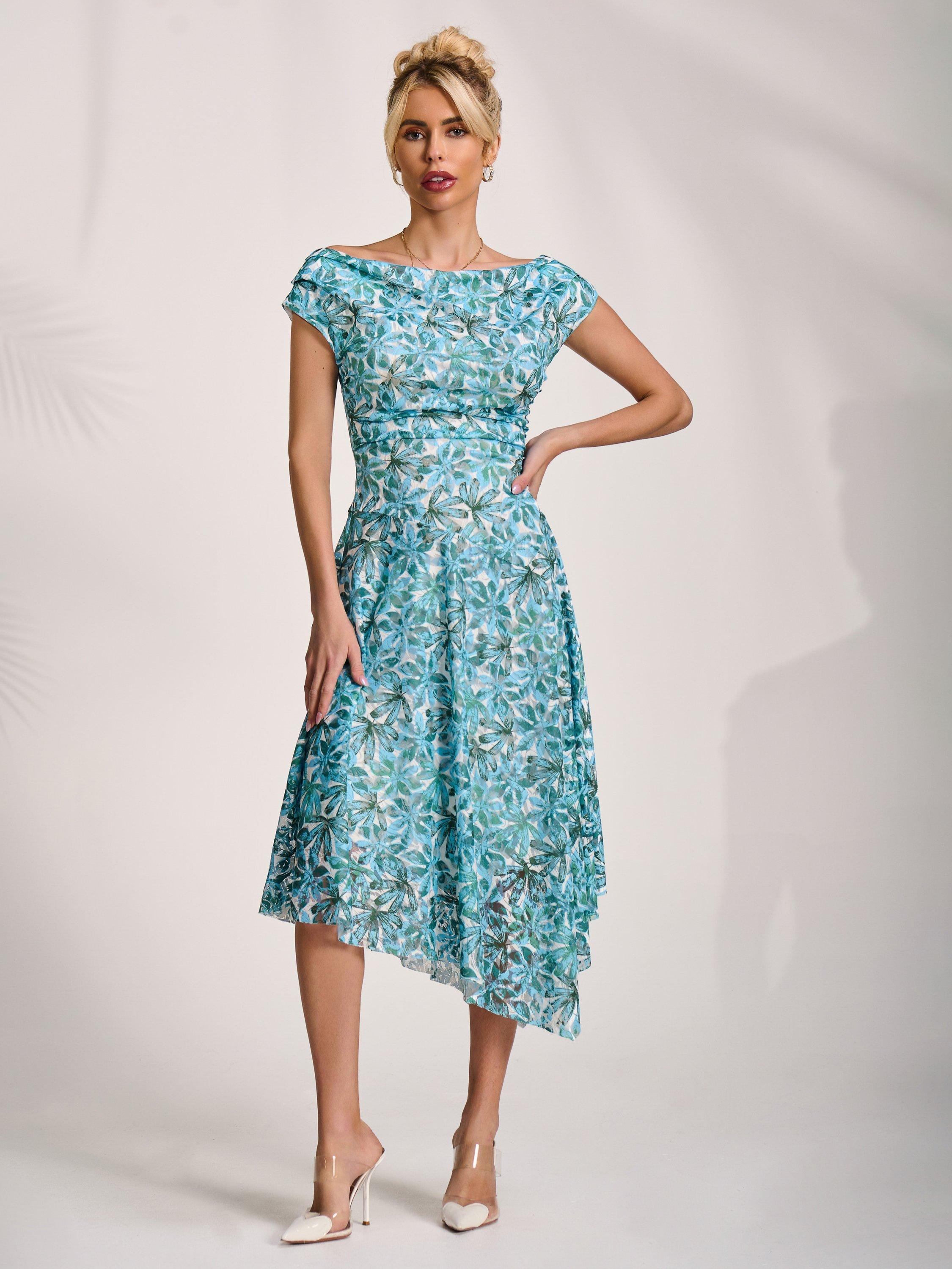 Product image 1 of 7, which shows Jolie Moi Abstract Lace Drape Midi Dress, Blue, 8