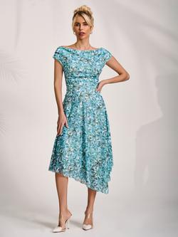 Jolie Moi Abstract Lace Drape Midi Dress, Blue, Blue