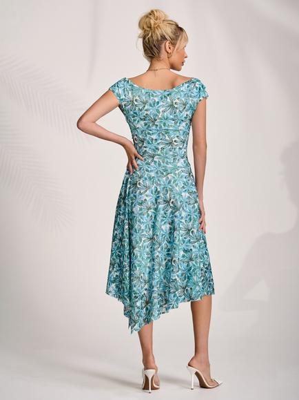 Jolie Moi Abstract Lace Drape Midi Dress, Blue - view 2, Blue