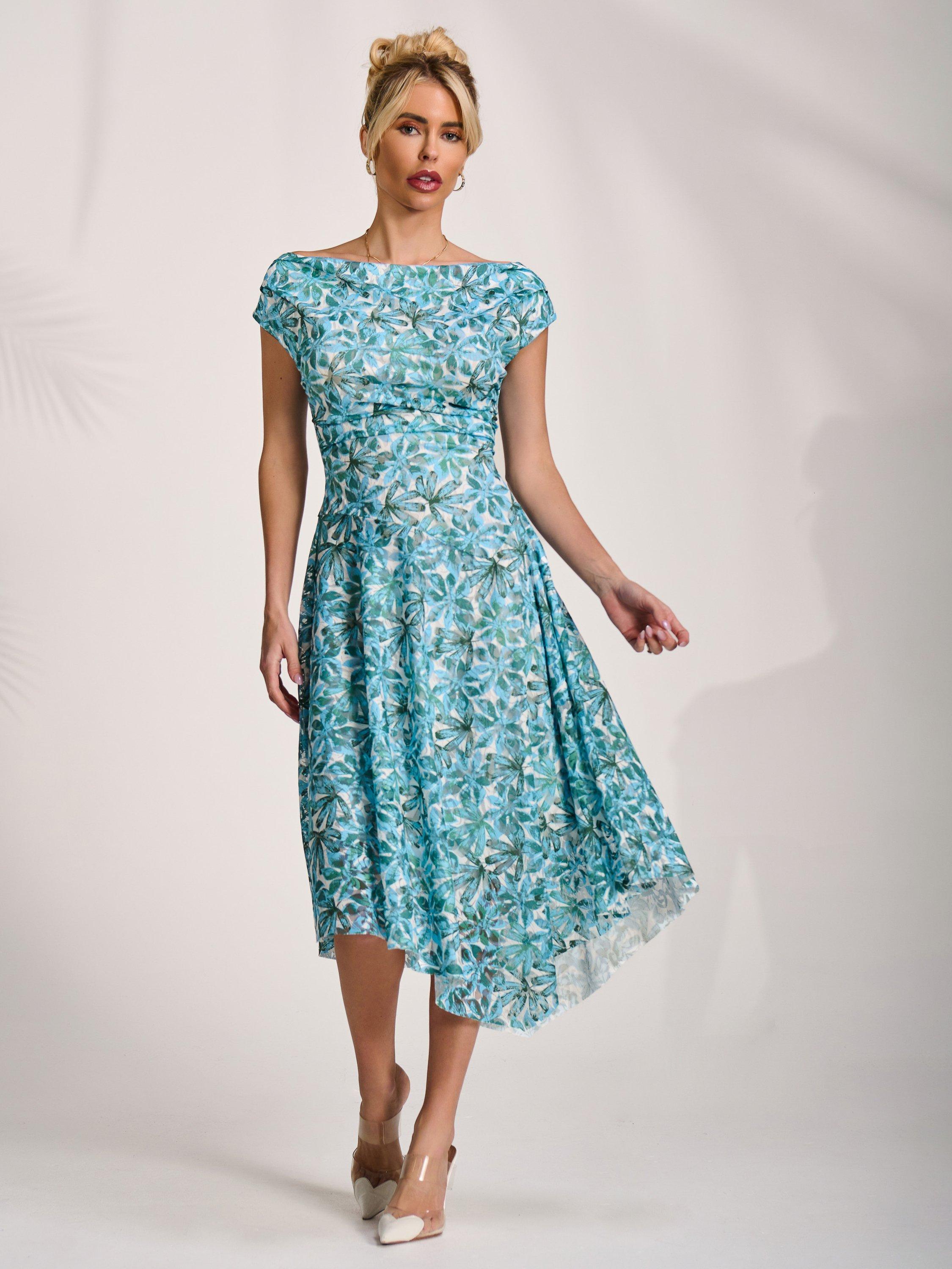 Product image 3 of 7, which shows Jolie Moi Abstract Lace Drape Midi Dress, Blue, 8
