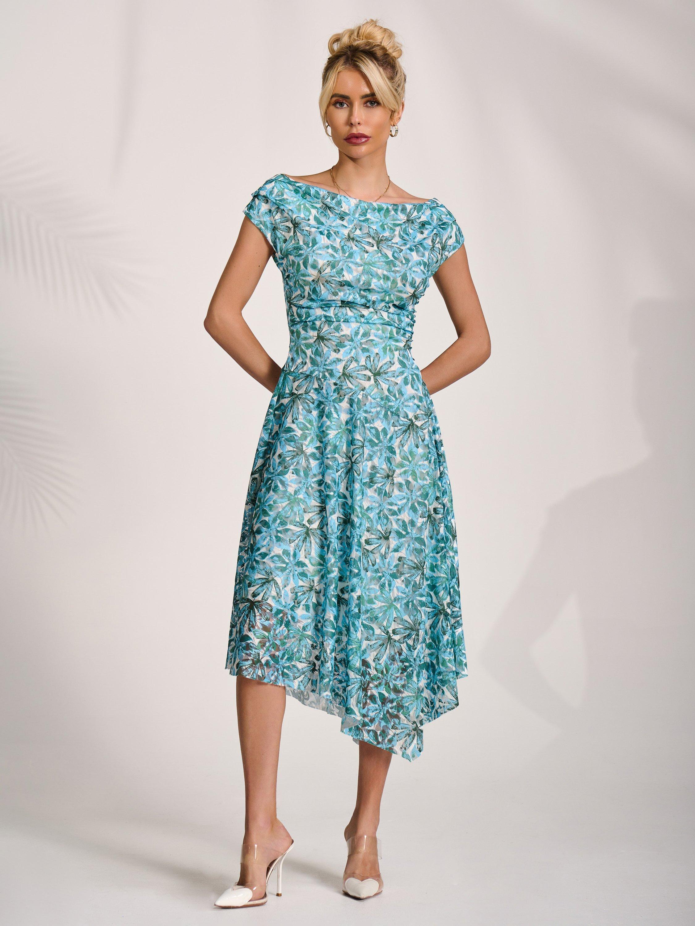 Product image 5 of 7, which shows Jolie Moi Abstract Lace Drape Midi Dress, Blue, 8