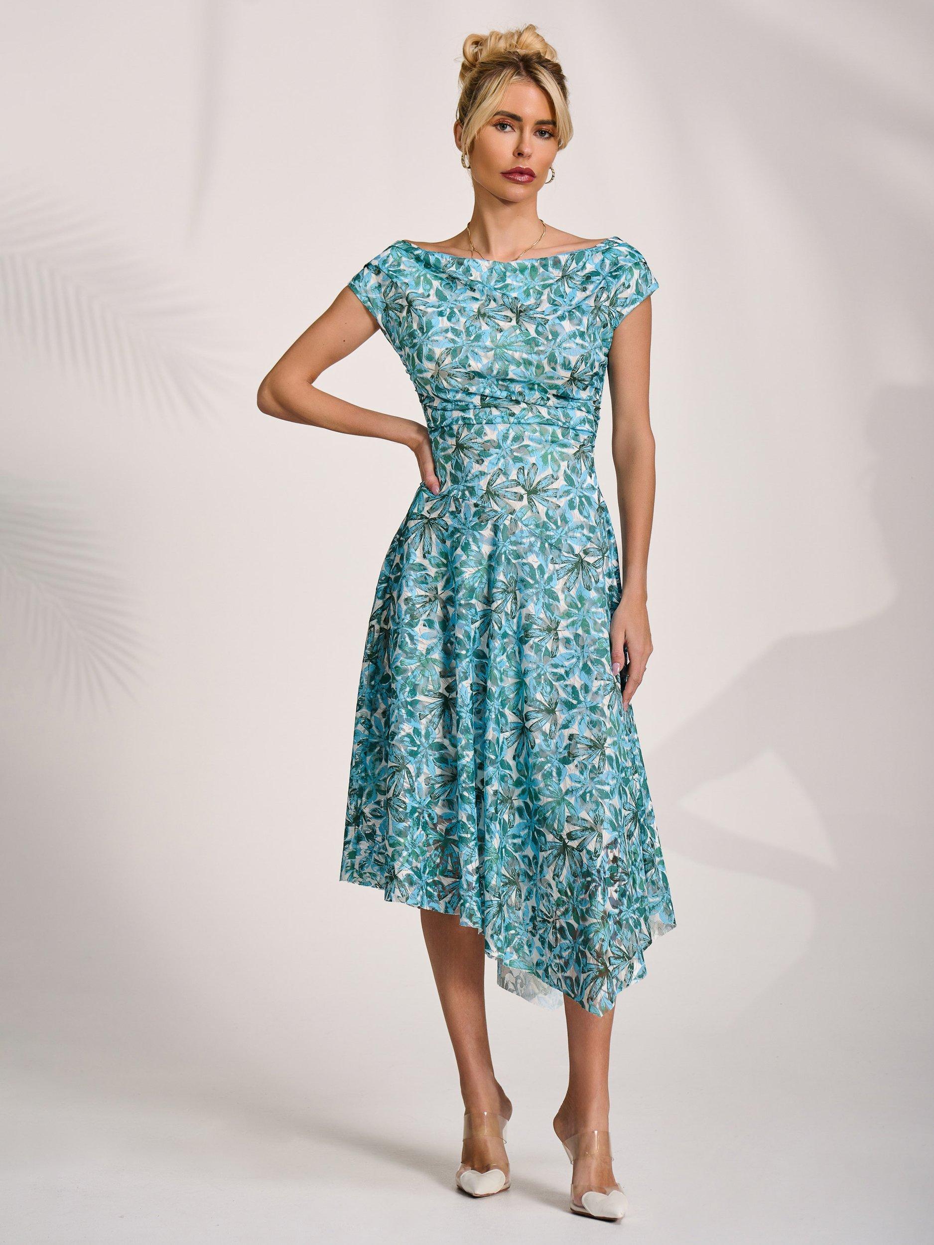Product image 6 of 7, which shows Jolie Moi Abstract Lace Drape Midi Dress, Blue, 8