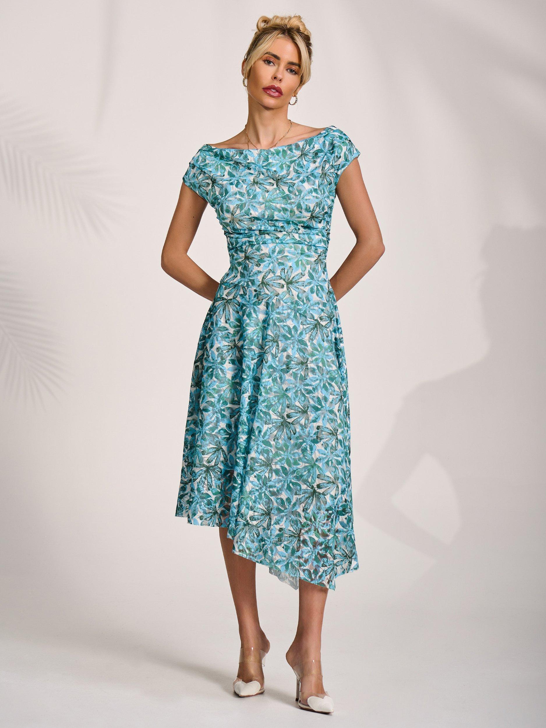 Product image 7 of 7, which shows Jolie Moi Abstract Lace Drape Midi Dress, Blue, 8