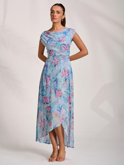 Jolie Moi Floral Draped Mesh Maxi Dress, Blue, Blue