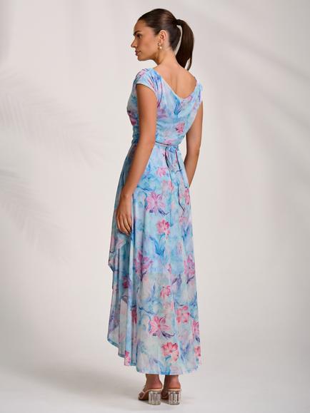 Jolie Moi Floral Draped Mesh Maxi Dress, Blue - view 2, Blue