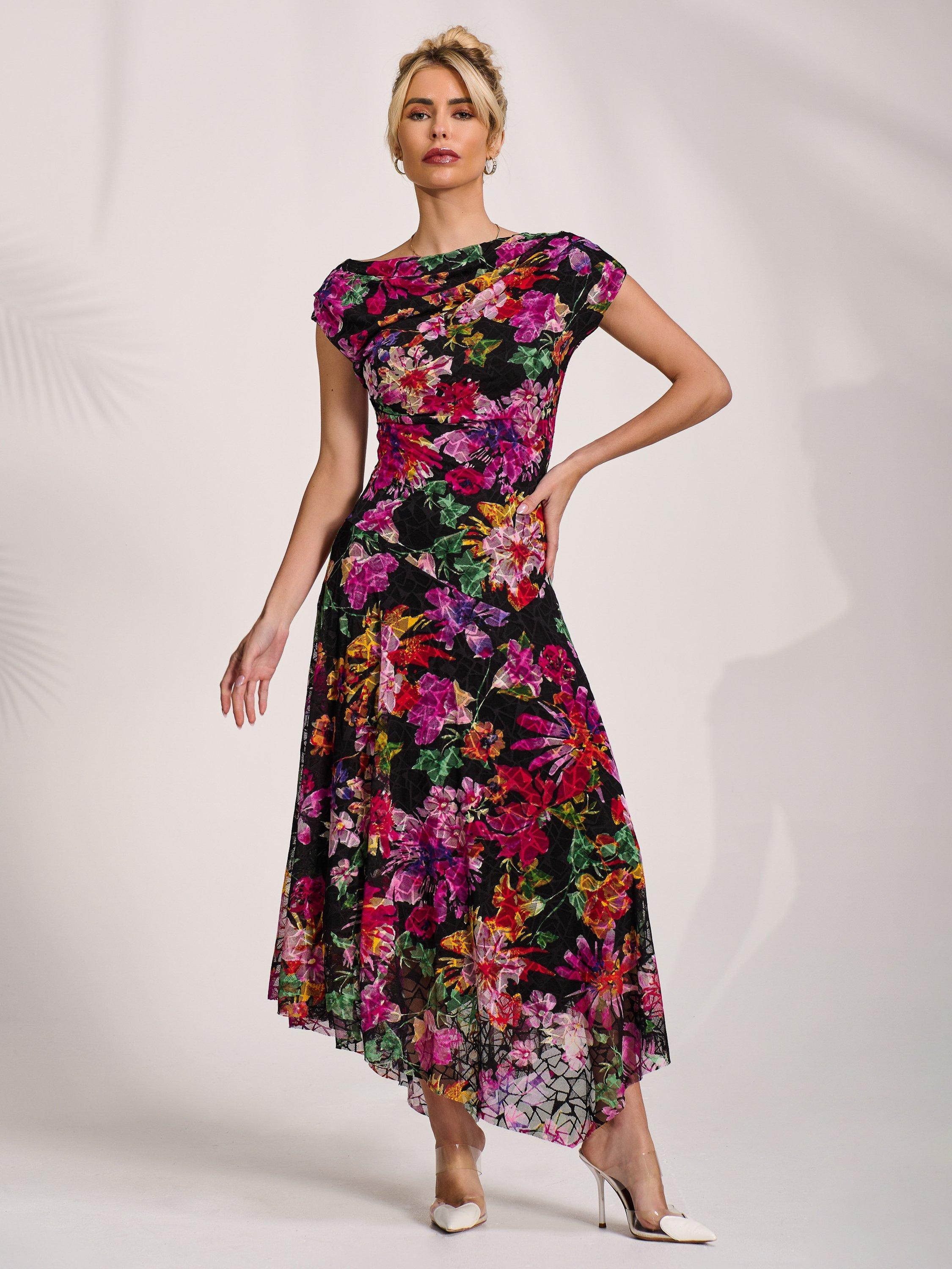 Product image 1 of 7, which shows Jolie Moi Floral Draped Lace Maxi Dress, Multi, 8